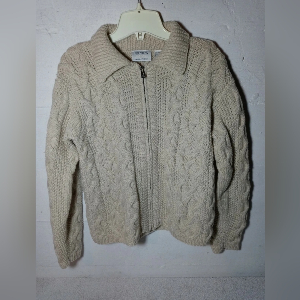 Preview International Wool Cabled Cardigan Zip Up Cream Size Small